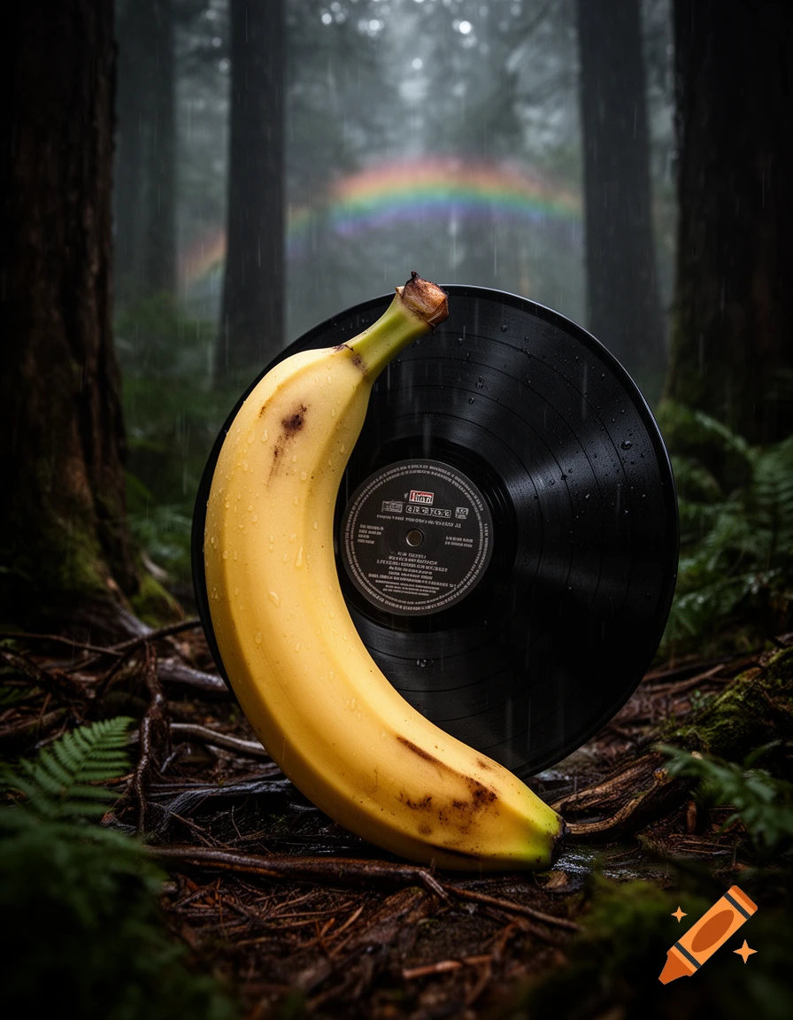A photorealistic image of a large banana shaped like a vinyl record standing in a dark, misty forest with a faint rainbow in the background.