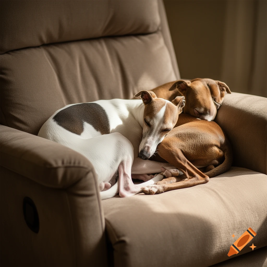 Two Italian Greyhound dogs sleeping peacefully on a brown recliner in the sunlight, photorealistic.