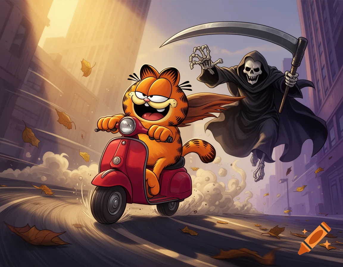 Garfield the cat laughing while riding a red scooter, outrunning the grim reaper in a city street.