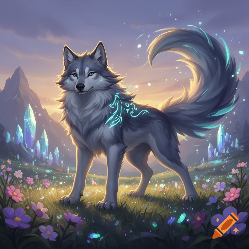 Digital illustration of a grey mystical wolf with a glowing tail and markings, standing in a flower field with crystals in the background.