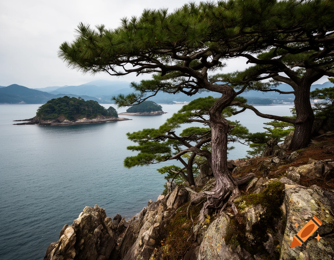 Photorealistic view from a rocky cliff with ancient pine trees overlooking a calm sea and small islands in Japan.