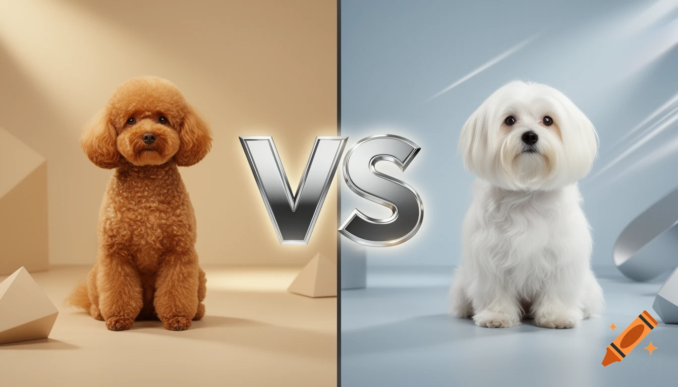 Split image featuring a brown toy poodle on the left and a white maltese on the right, separated by a metallic 'VS' text.