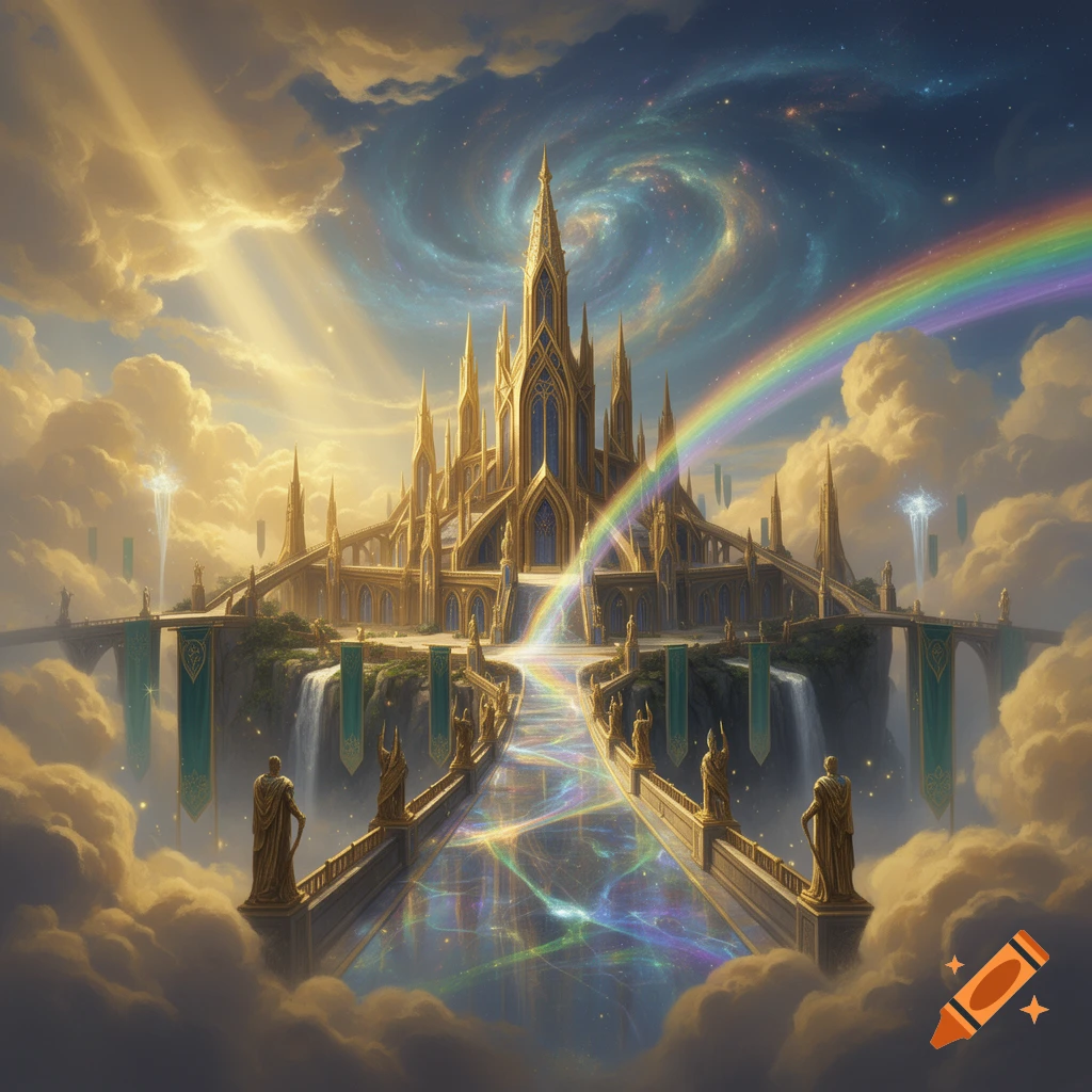 Digital painting of a majestic golden fantasy castle floating in the clouds with a rainbow and cosmic sky background.