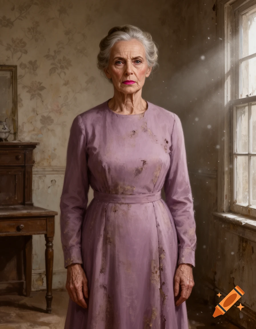 Photorealistic portrait of an elderly woman with white hair in a bun, wearing a worn lilac dress in a rustic room.