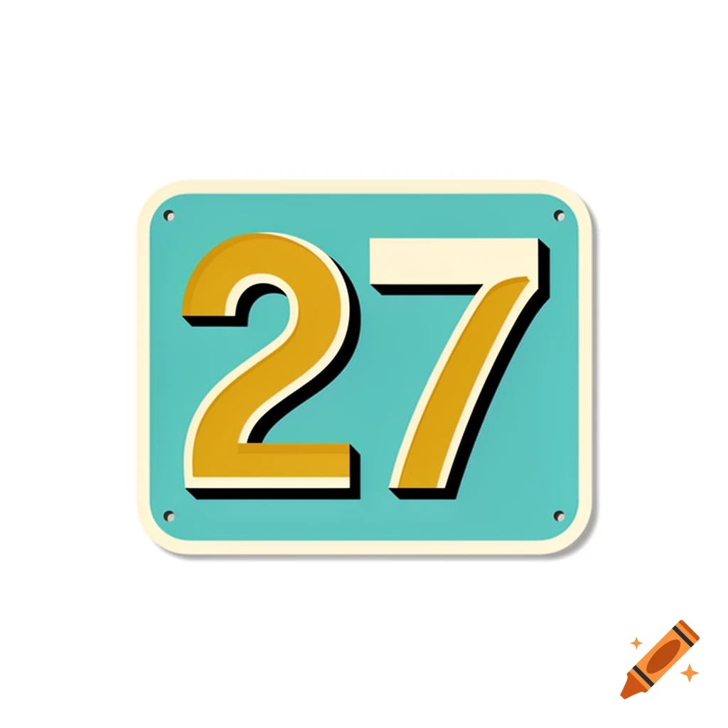 A vintage 1960s-style teal house number plate featuring the number 27 in yellow with a white outline.