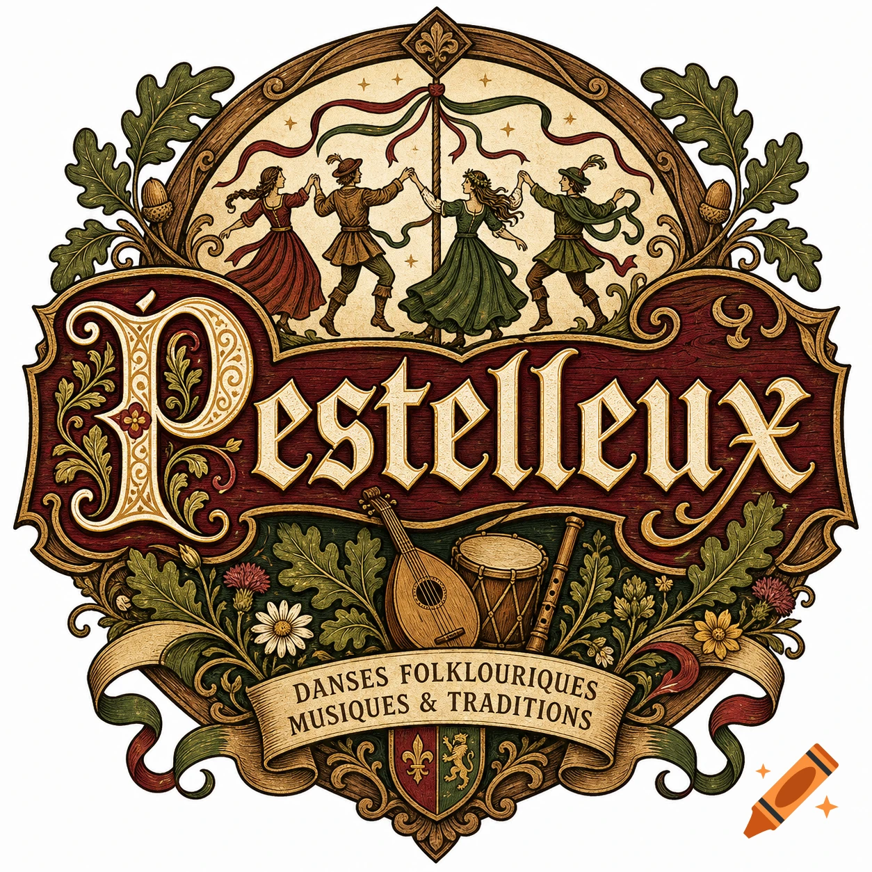 Decorative medieval folk music logo featuring dancing figures, instruments, and the text Pestelleux.