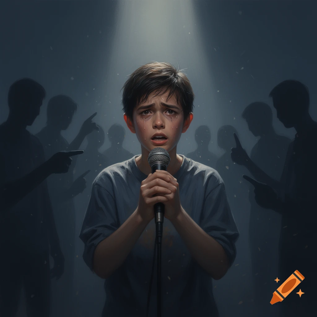A distressed child with tears on their face holding a microphone under a spotlight, surrounded by shadowy figures pointing fingers.