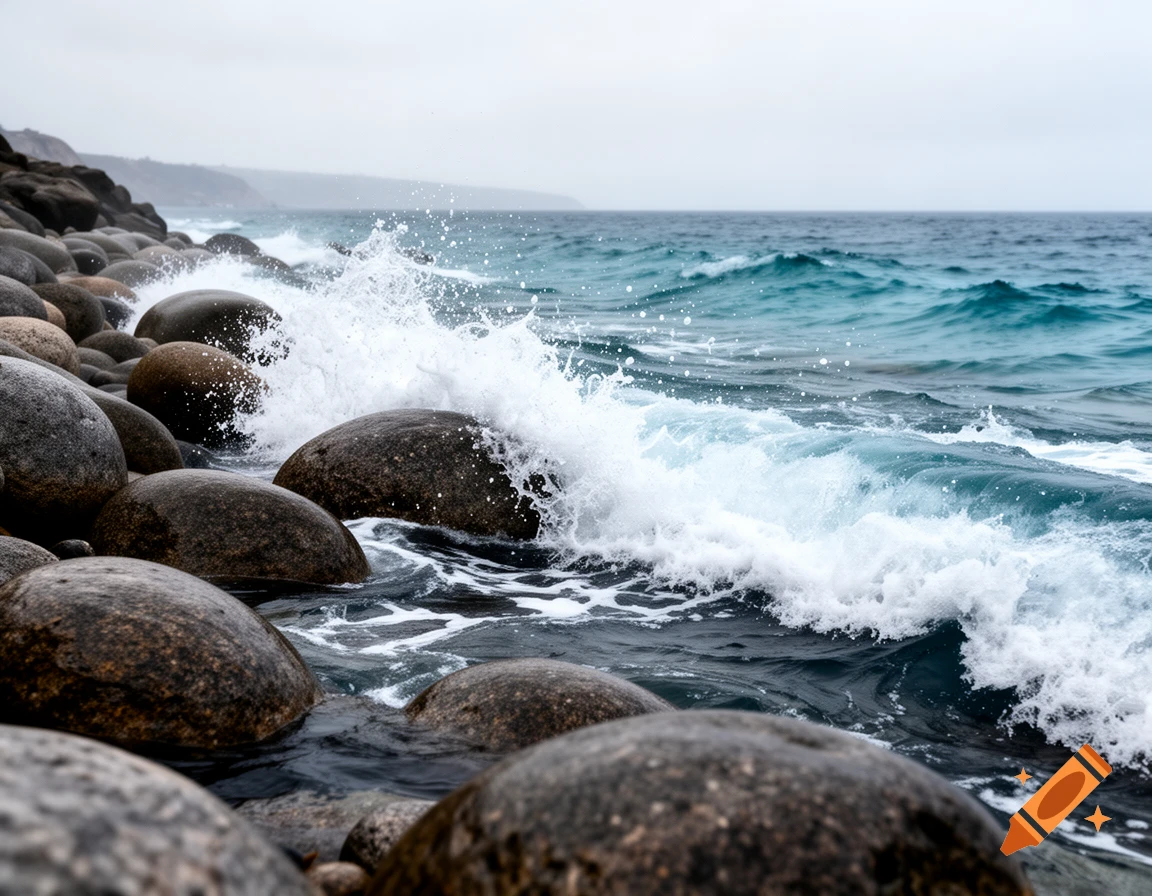 Photorealistic image of ocean waves crashing over smooth, dark round boulders on a rocky shore.