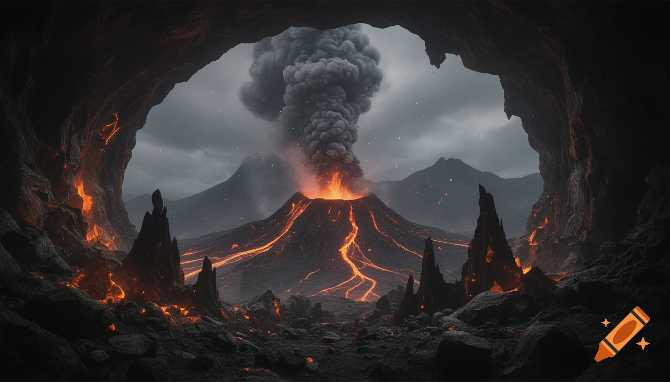 A photorealistic view from inside a dark cave looking out at an erupting volcano with a large plume of smoke and flowing lava.