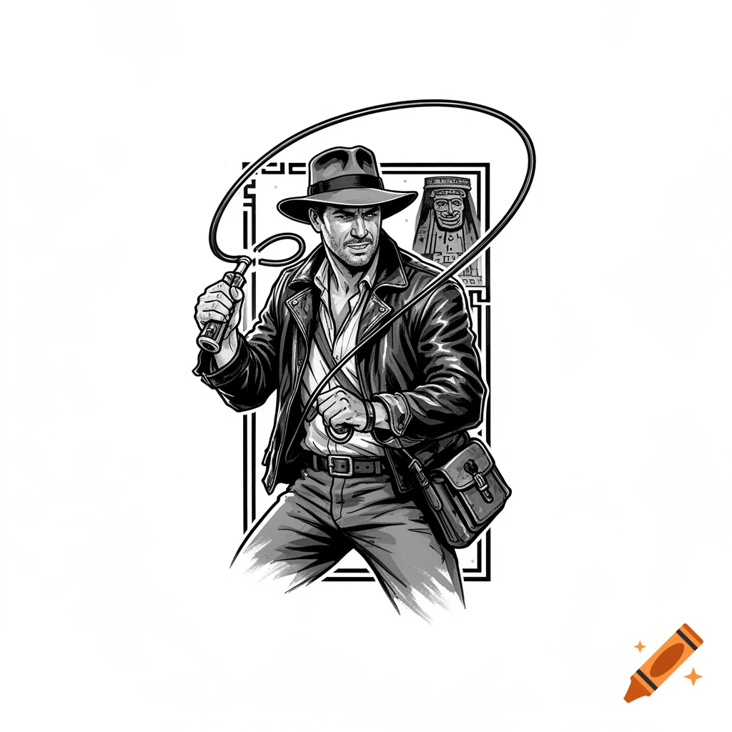 Black and white ink illustration of Indiana Jones holding a whip in a dynamic pose with a satchel and fedora.