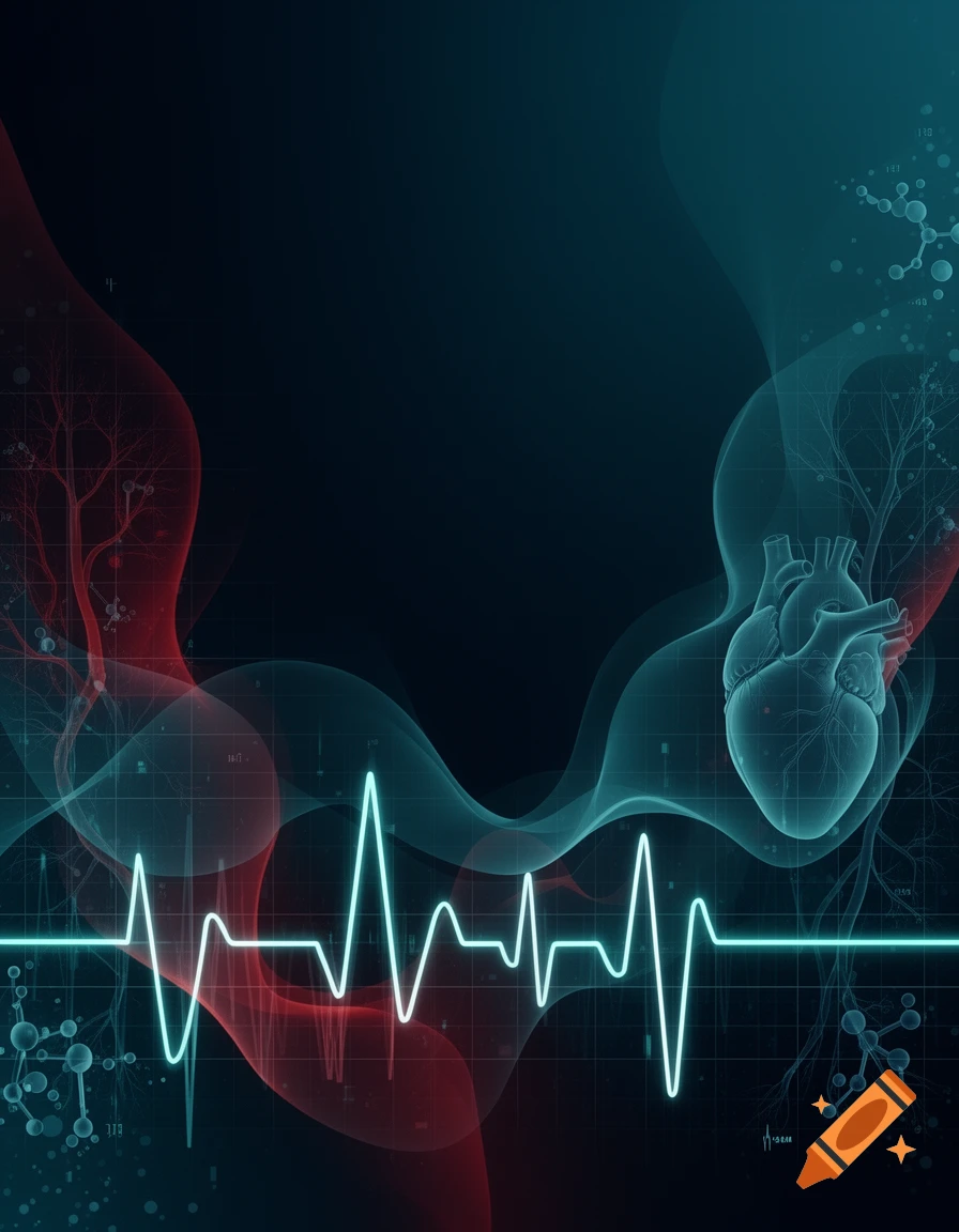Medical science abstract background with a glowing cyan heartbeat EKG line, human heart illustration, and red and blue fluid waves.