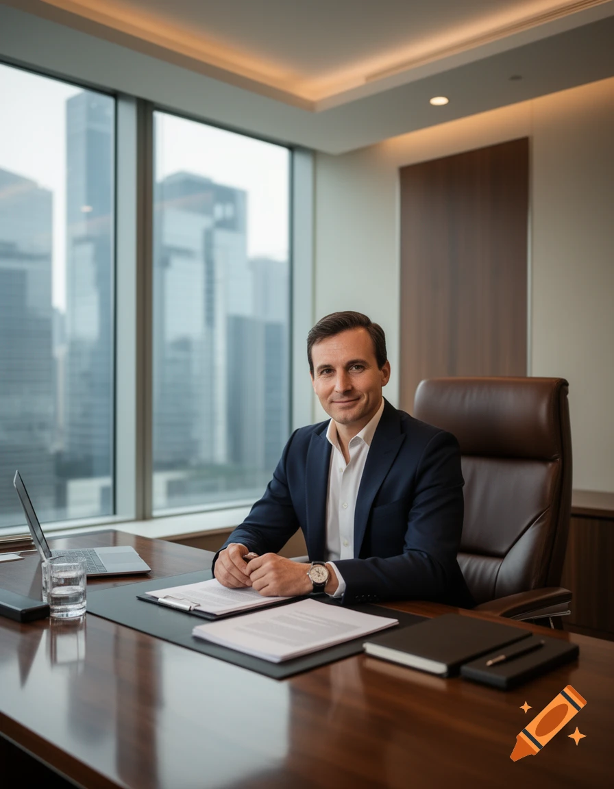 Photorealistic portrait of a businessman in a suit sitting at a desk in a modern office with large windows overlooking city skyscrapers.