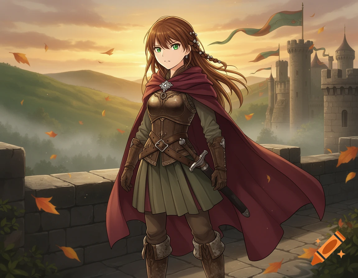 Anime style illustration of a medieval girl with brown hair and green eyes standing on a castle wall at sunset.
