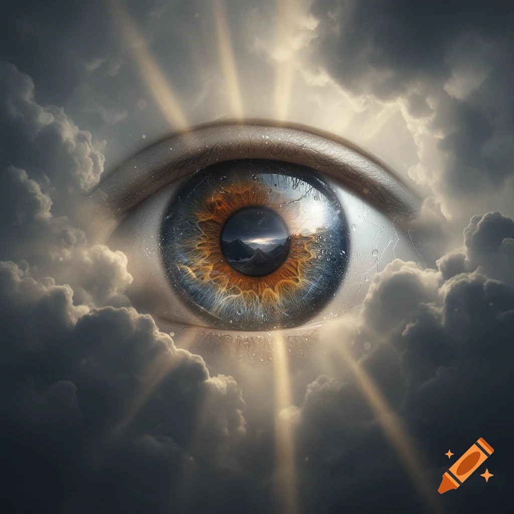 A giant human eye embedded in stormy clouds with sun rays beaming down, photorealistic digital art