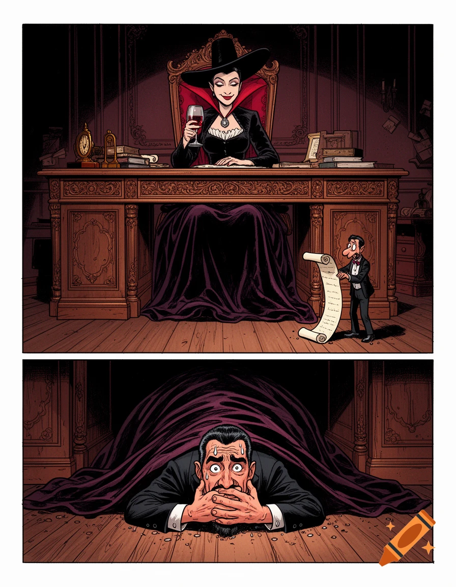 Comic book panel of a female vampire countess at a desk with a clerk reading a scroll and a man trapped underneath her skirt, Franco-Belgian style.