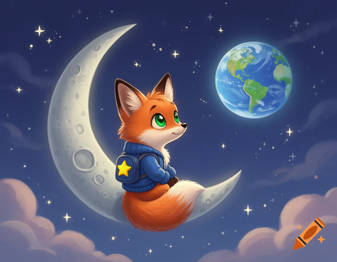 Colorful digital illustration of a cute orange fox with green eyes sitting on a crescent moon, wearing a blue jacket, looking at Earth in a starry night sky.