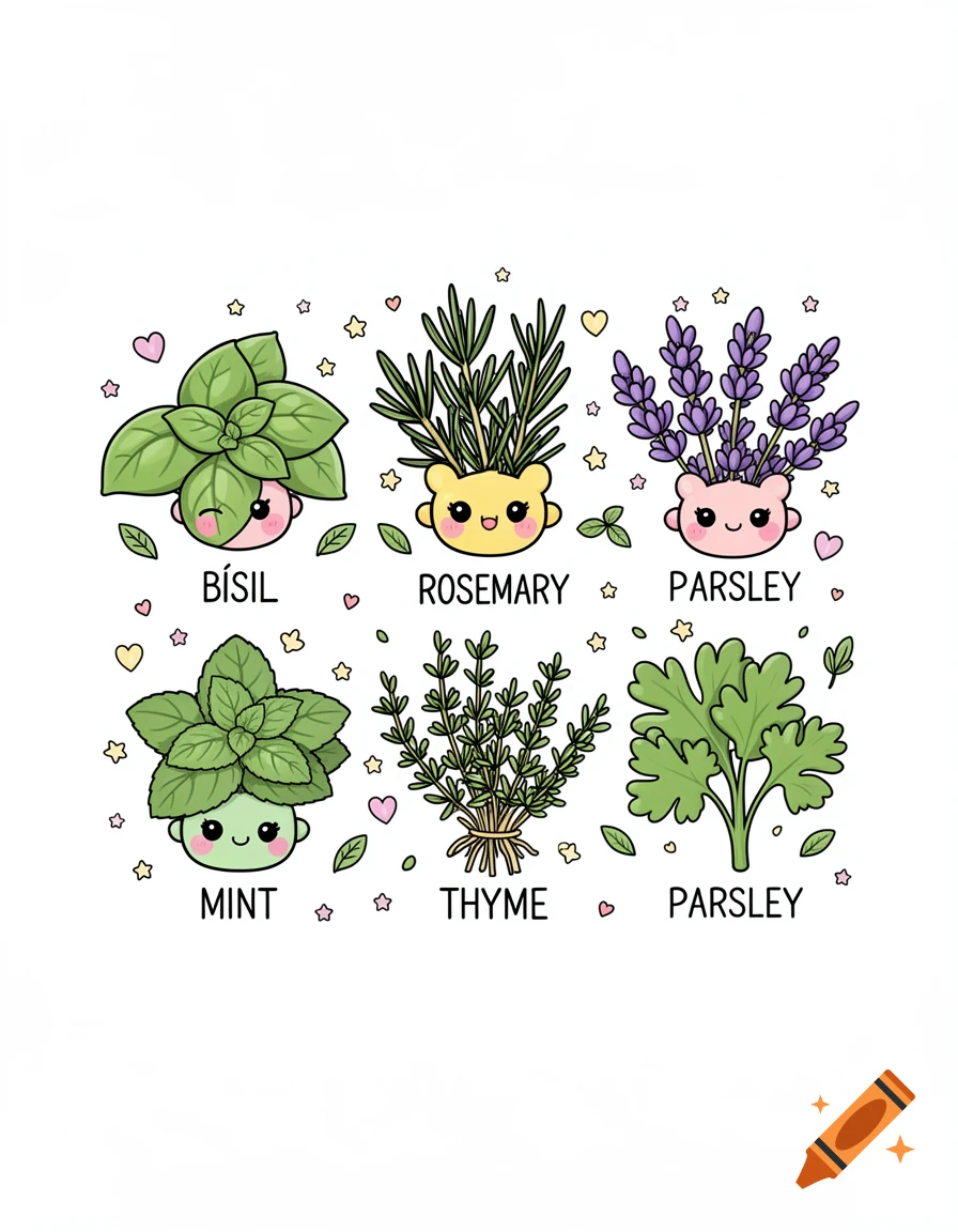 Kawaii style illustration of potted herbs with cute faces and labels, including basil, rosemary, lavender, mint, and thyme.