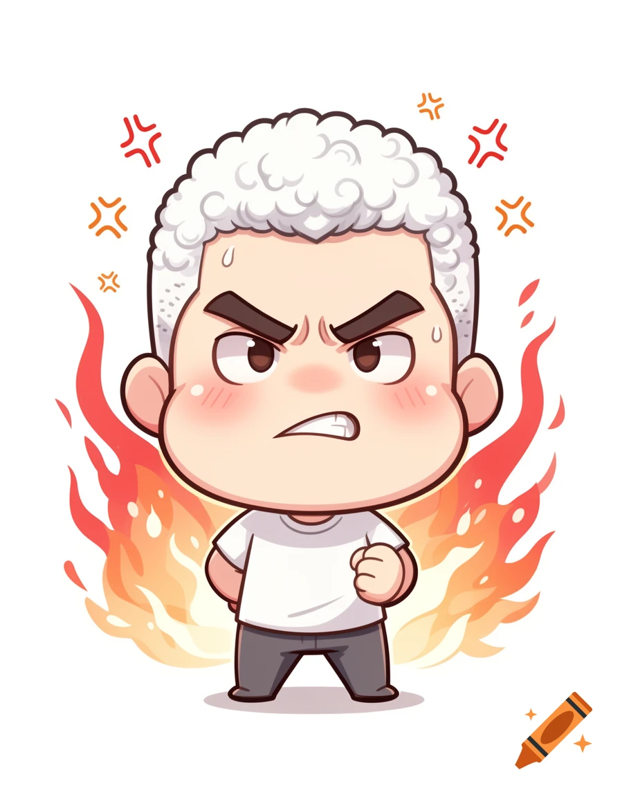 Chibi illustration of an angry white man with curly hair surrounded by flames.