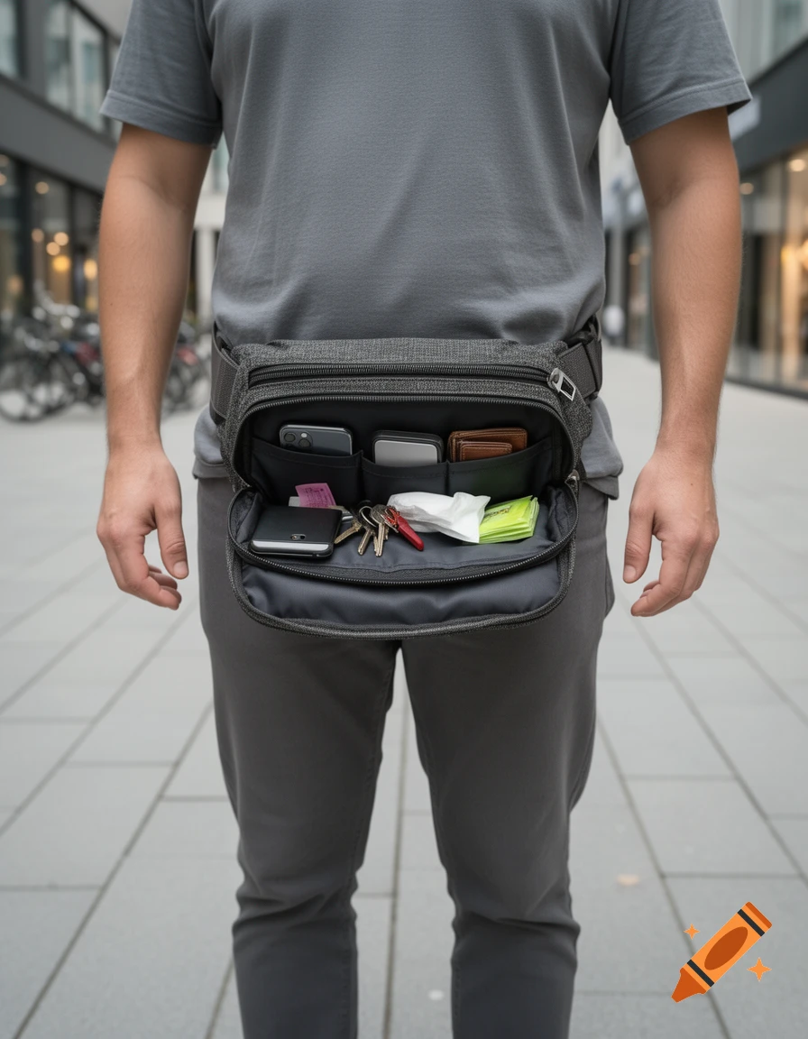 A person wearing a grey t-shirt and grey pants with an open fanny pack containing items like a phone, keys, and tissues, photorealistic.