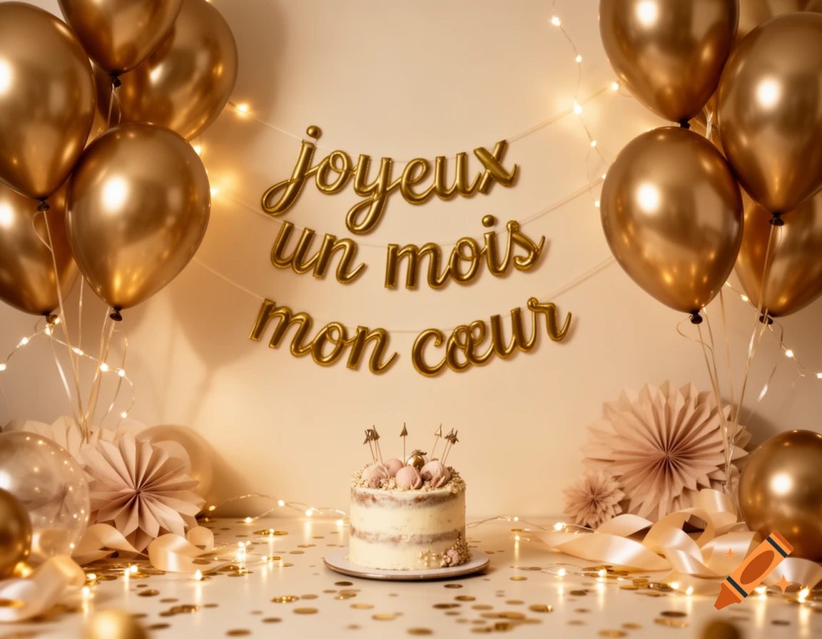 Gold and white party setup featuring gold balloons, fairy lights, confetti, and a small cake with 'joyeux un mois mon cœur' banner.