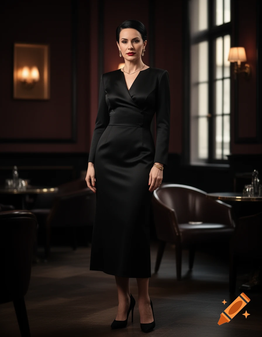 Photorealistic full-body portrait of a woman in a black dress in a restaurant interior.