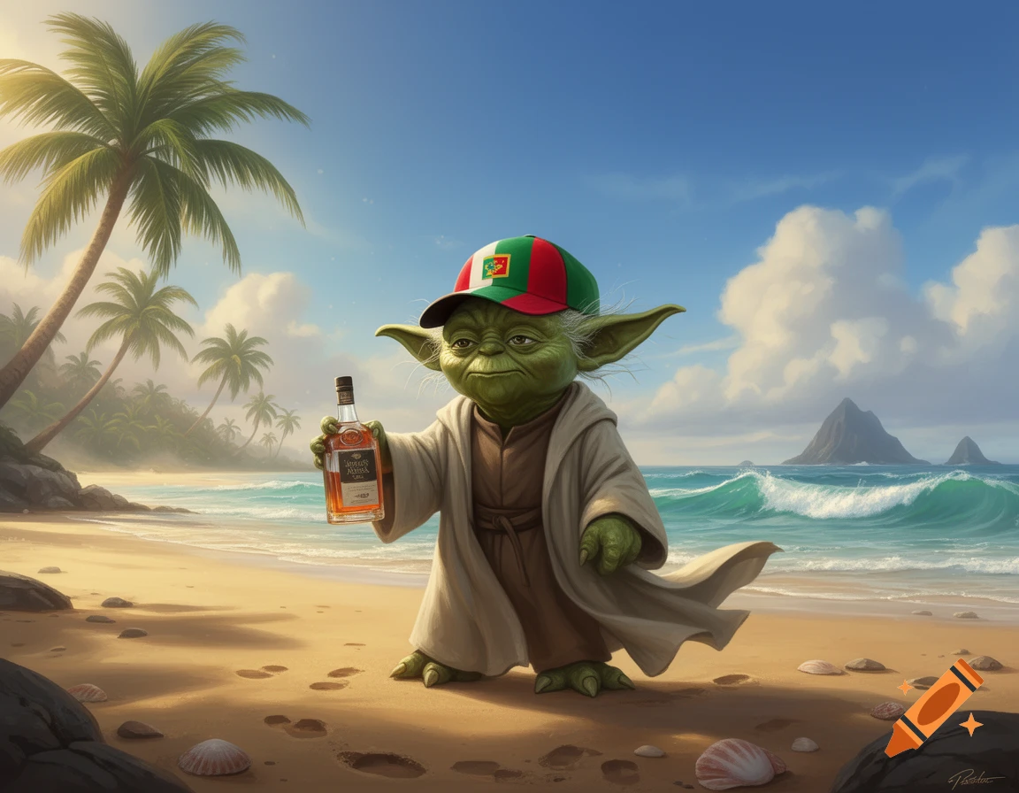 Master Yoda wearing a multicolored baseball cap holding a rum bottle on a tropical beach, digital painting.