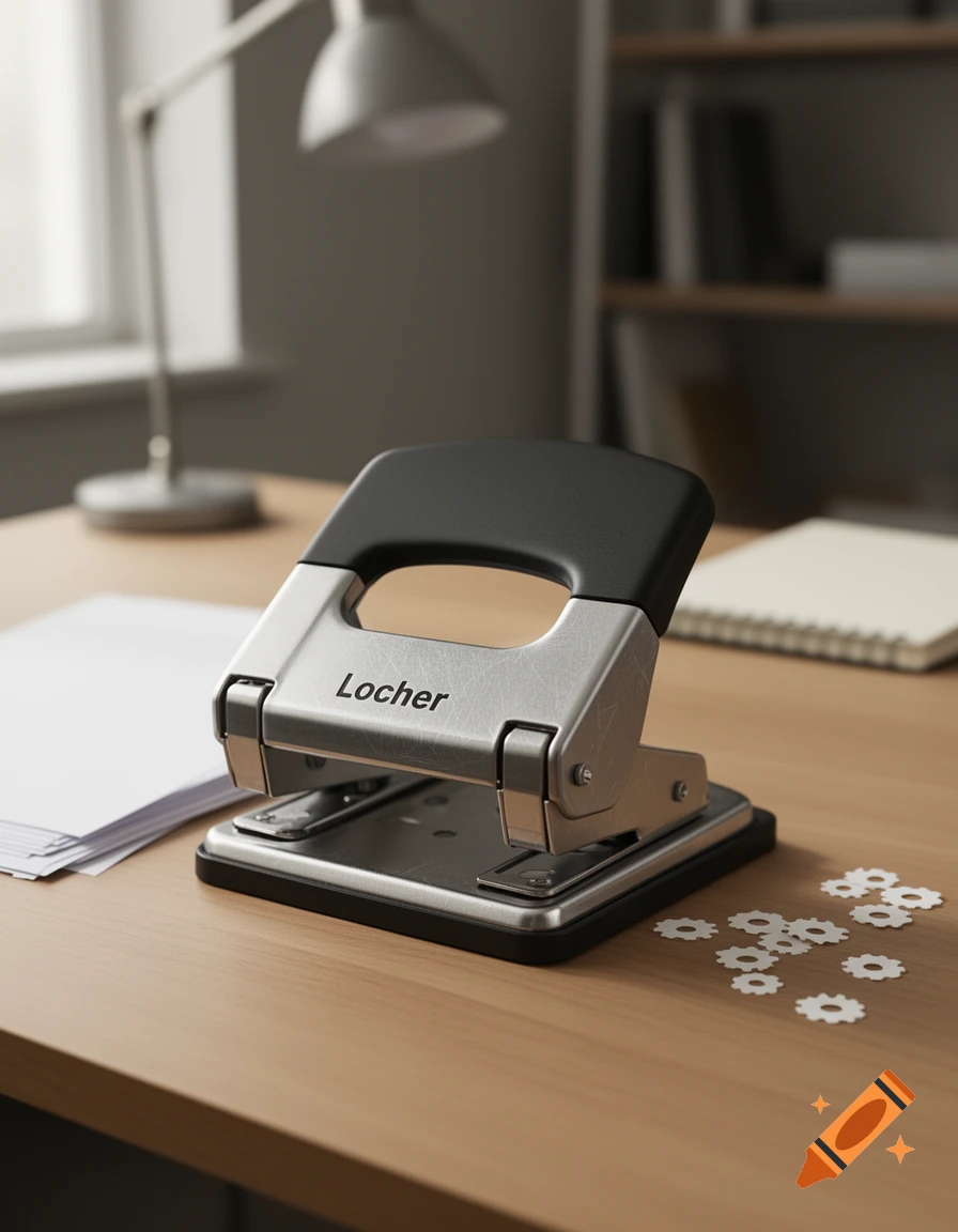 Photorealistic close-up of a silver and black hole puncher on a wooden desk next to papers and flower-shaped paper punches.