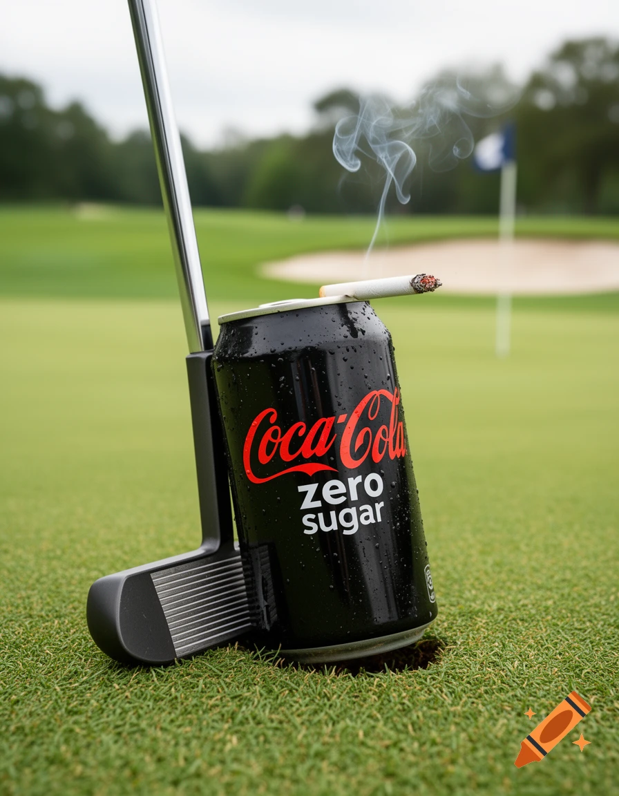 Photorealistic image of a black Coca-Cola Zero Sugar can with a lit cigarette smoking on top, leaning against a golf putter on a green golf course.
