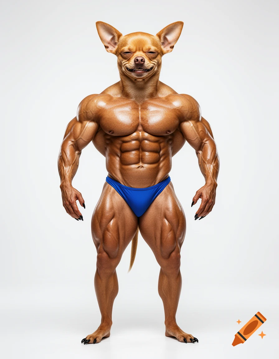 An 8-foot-tall anthropomorphic chihuahua with extreme bodybuilding muscles, wearing a blue posing thong, photorealistic.