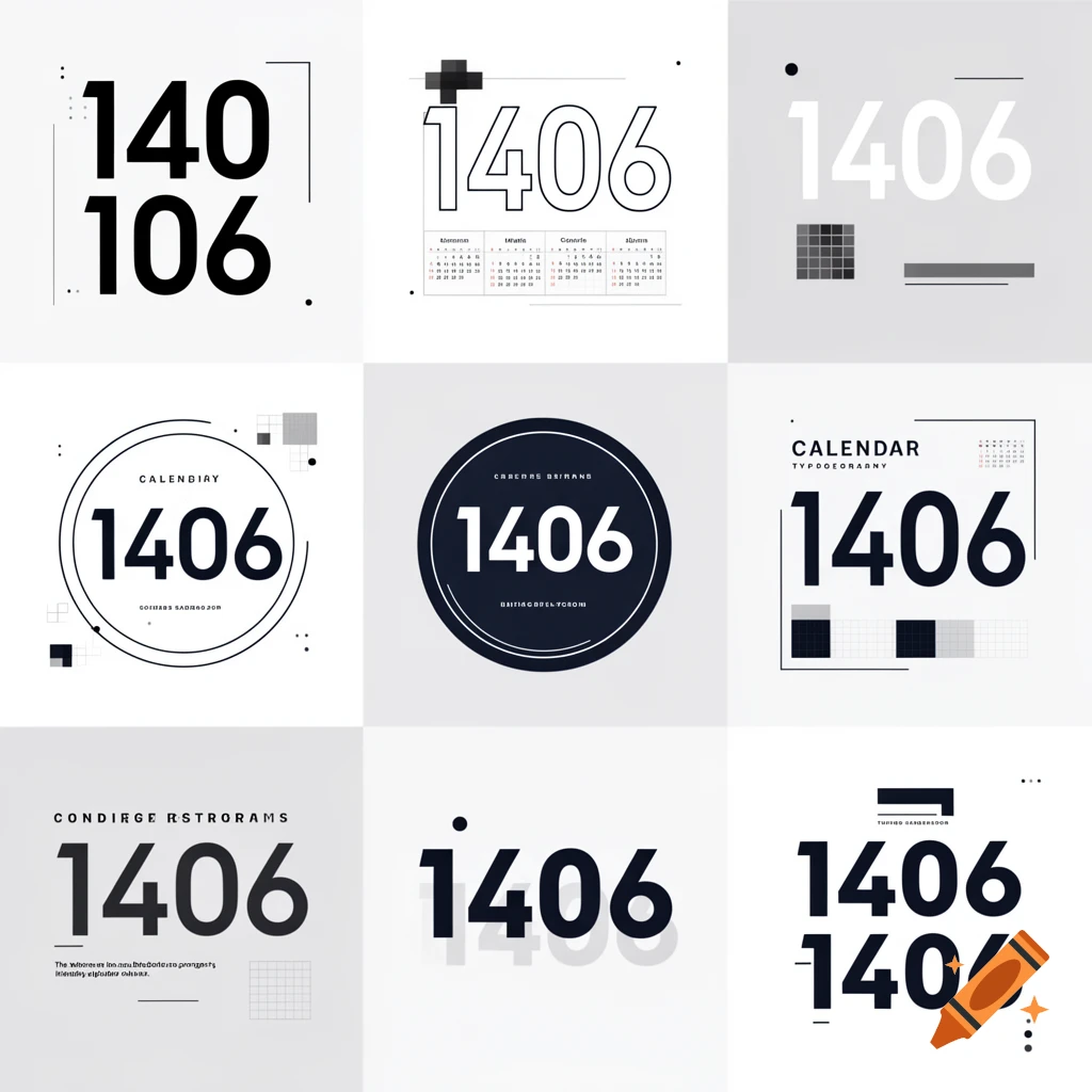 Minimalist modern calendar typography designs featuring the number 1406 in various layouts.
