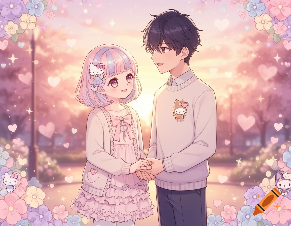 An anime-style illustration of a young couple holding hands in a park surrounded by flowers and glowing hearts at sunset.