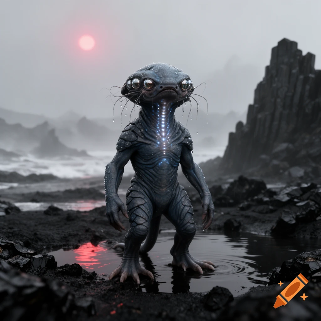 Photorealistic alien creature with dark skin, multiple eyes, and bioluminescent spots standing in water on a rocky planet.