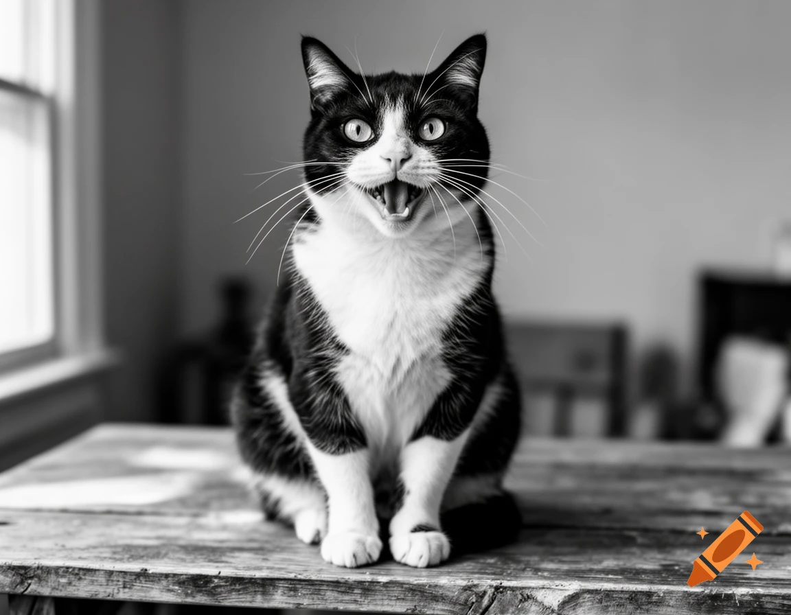 Black and white photograph of a tuxedo cat sitting on a wooden table, looking directly at the camera with its mouth open.