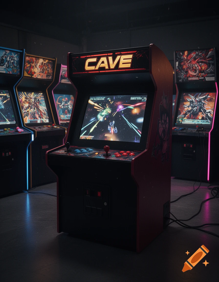 Photorealistic shot of a vintage CAVE arcade cabinet in a dimly lit arcade hall with other machines in the background.