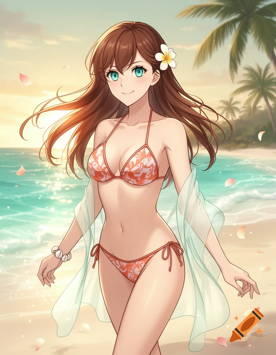 Anime style illustration of a smiling woman in an orange bikini walking on a tropical beach at sunset.