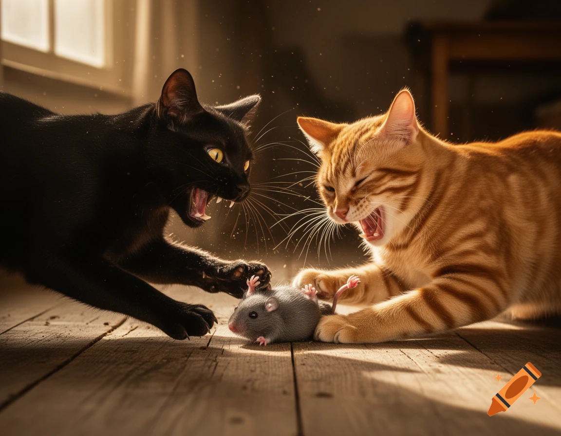Photorealistic scene of a black cat and an orange tabby fighting over a small mouse on a rustic wooden floor.