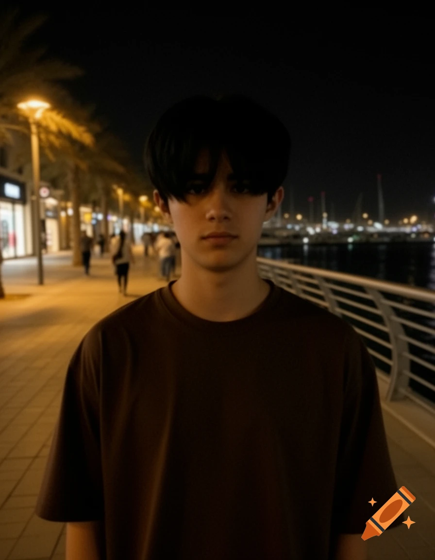 Photorealistic chest-up portrait of a teenage boy at night on a Dubai Marina walkway.
