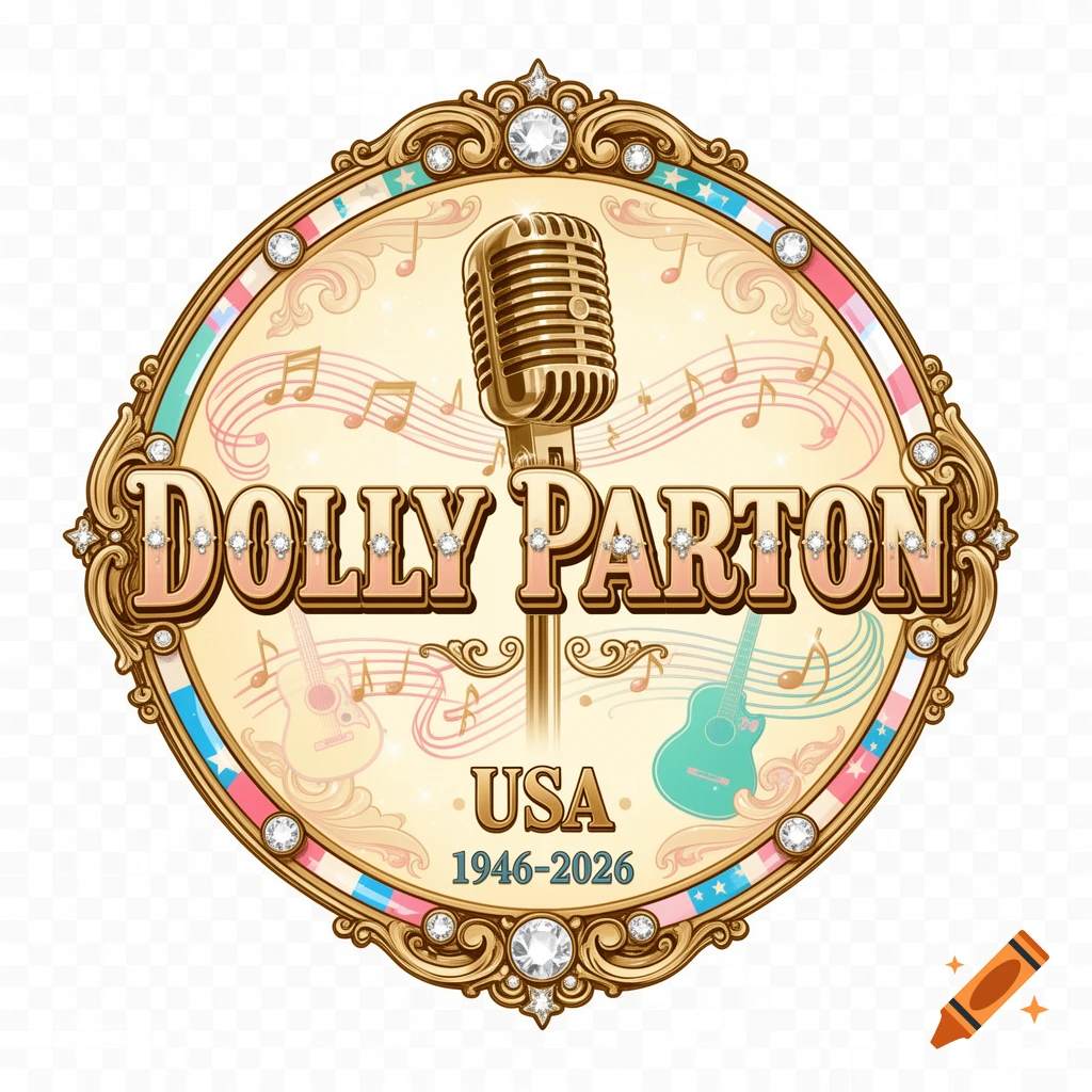 Round vintage music-themed emblem with a golden microphone, guitars, musical notes, and the text Dolly Parton USA 1946-2026.