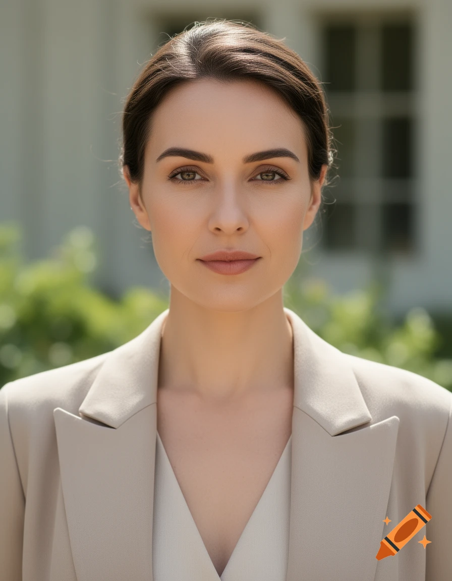 Photorealistic portrait of a woman with dark hair in a beige blazer against a blurry outdoor background.