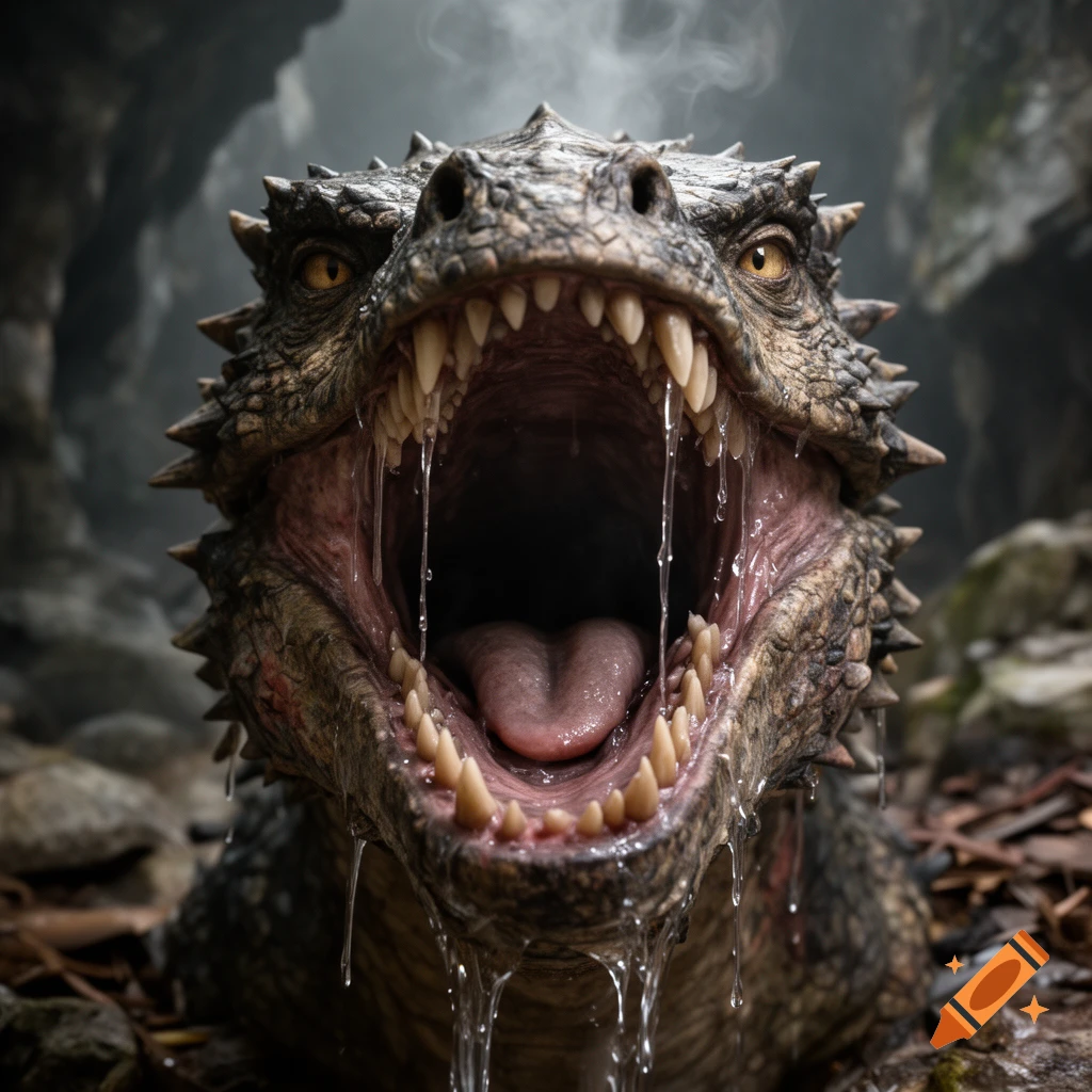 Close-up photorealistic shot of a dragon's wide-open slimy maw with sharp teeth and a wet tongue in a dark cave.