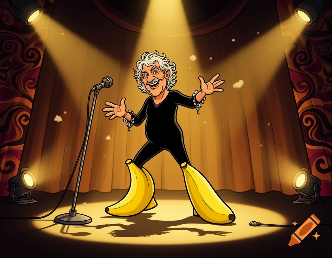 Cartoon style illustration of comedian Billy Connolly on a stage wearing a black leotard and giant banana boots, holding a microphone.