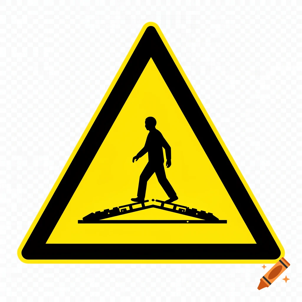 Industrial safety warning sign with a yellow triangle, black border, and a black silhouette of a person walking over a cable protector ramp.