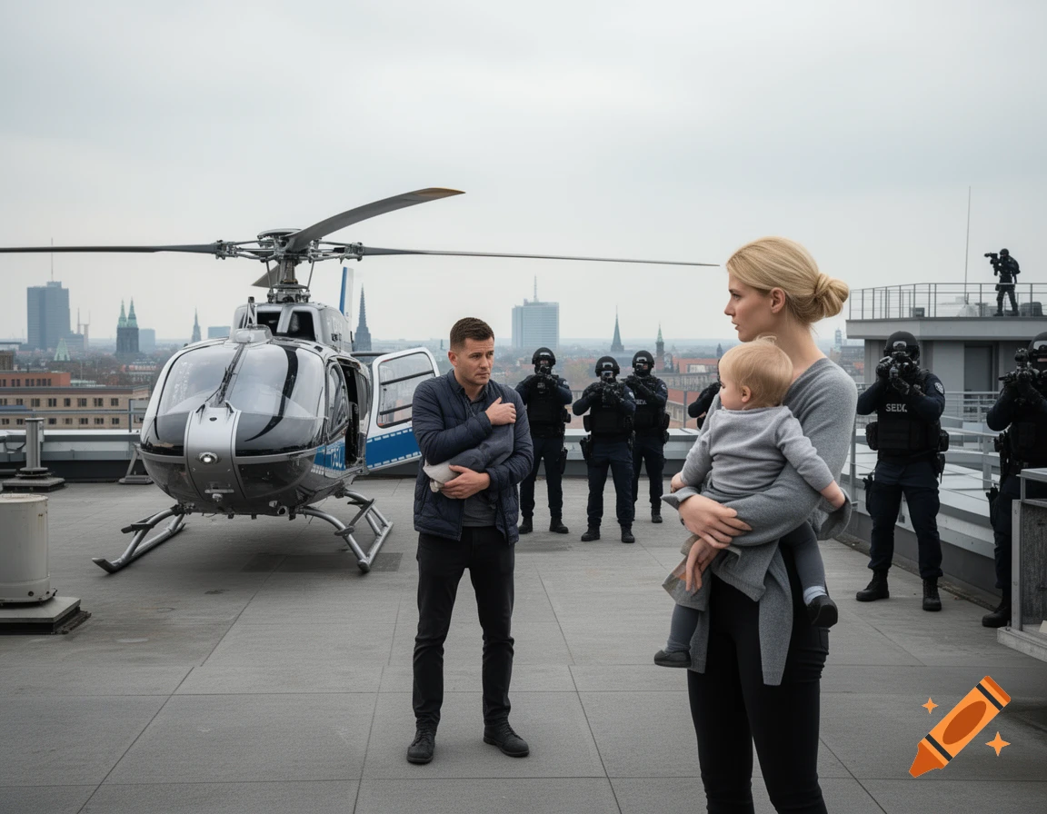 Photorealistic scene of a blonde woman holding a baby on a rooftop next to a helicopter, with tactical police officers and snipers in the background.