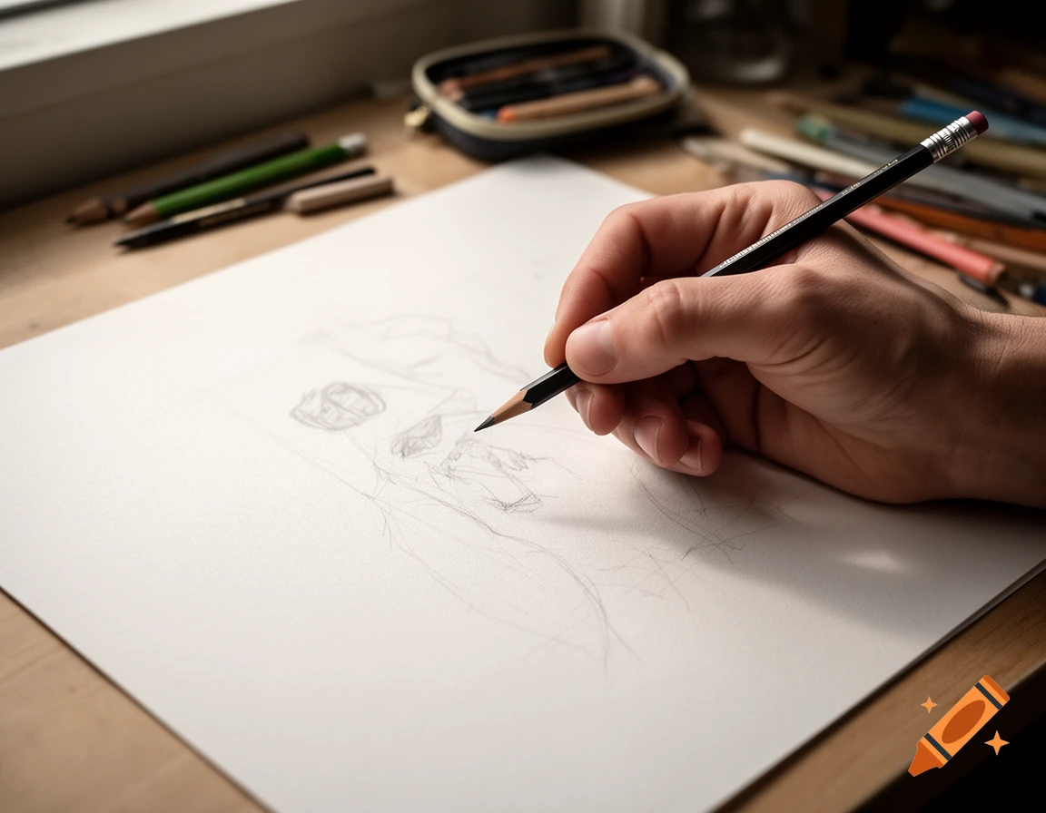Close-up of a hand holding a pencil sketching on a large sheet of paper on a wooden table.