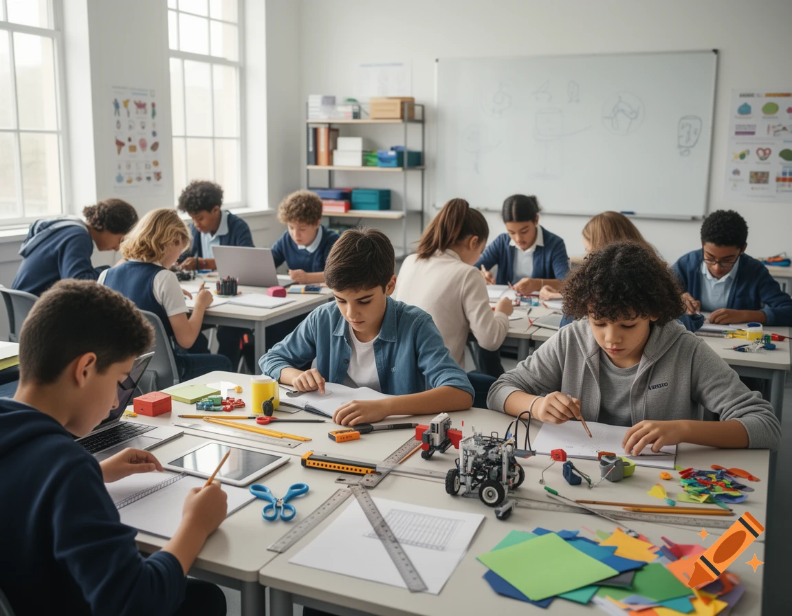 Students working at desks in a bright classroom with building blocks and laptops.
