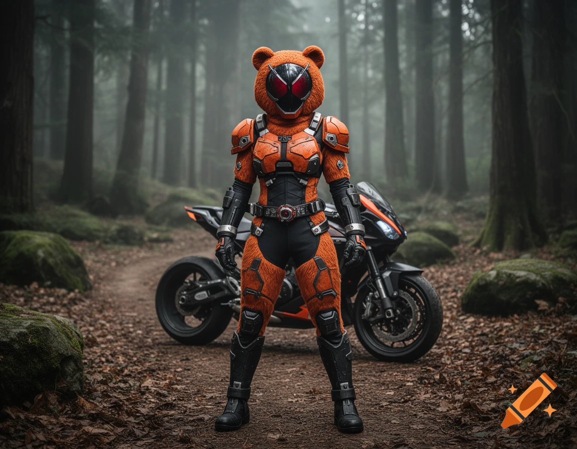 Photorealistic image of a female Kamen Rider with an orange bear helmet standing in a misty forest with a motorcycle.