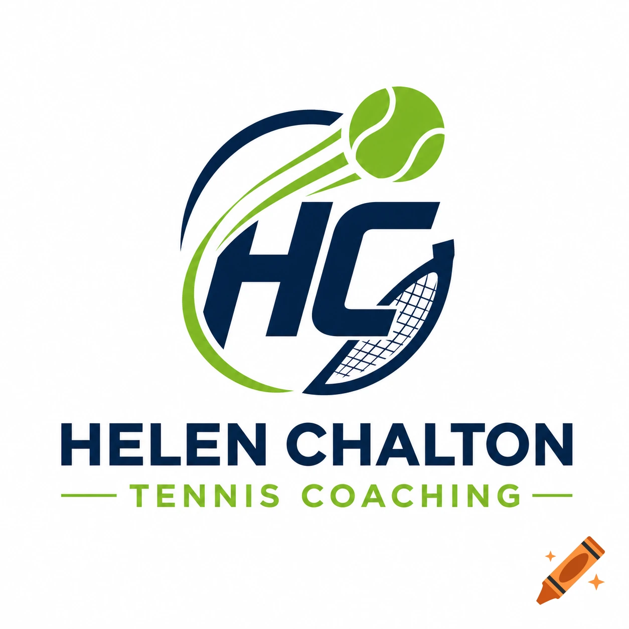 Logo for Helen Chalton Tennis Coaching featuring a tennis ball, racket, and monogram HC in blue and green.