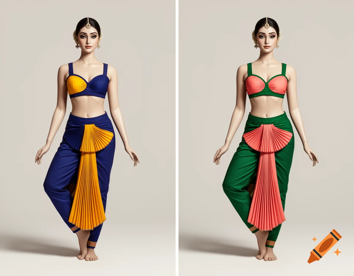 Split image showing two full-length mannequins wearing traditional Indian bharatanatyam-style costumes with matching bralettes and pants.
