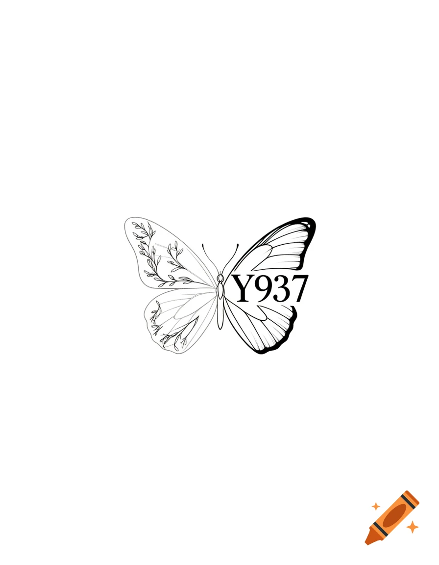 Minimalist black and white line art tattoo design featuring a butterfly with floral patterns on one wing and the text Y937 on the other.