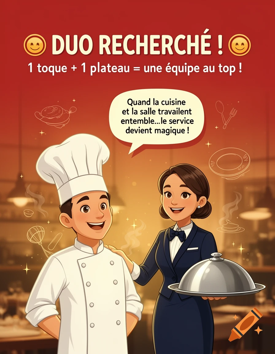 An illustrated promotional poster featuring a smiling male chef and a female server holding a cloche tray.